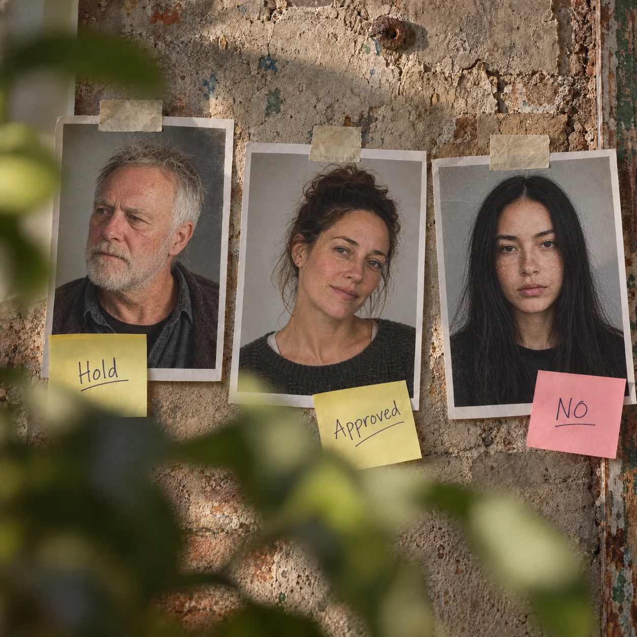 Three portrait prints taped to a wall, marked Hold, Approved and No