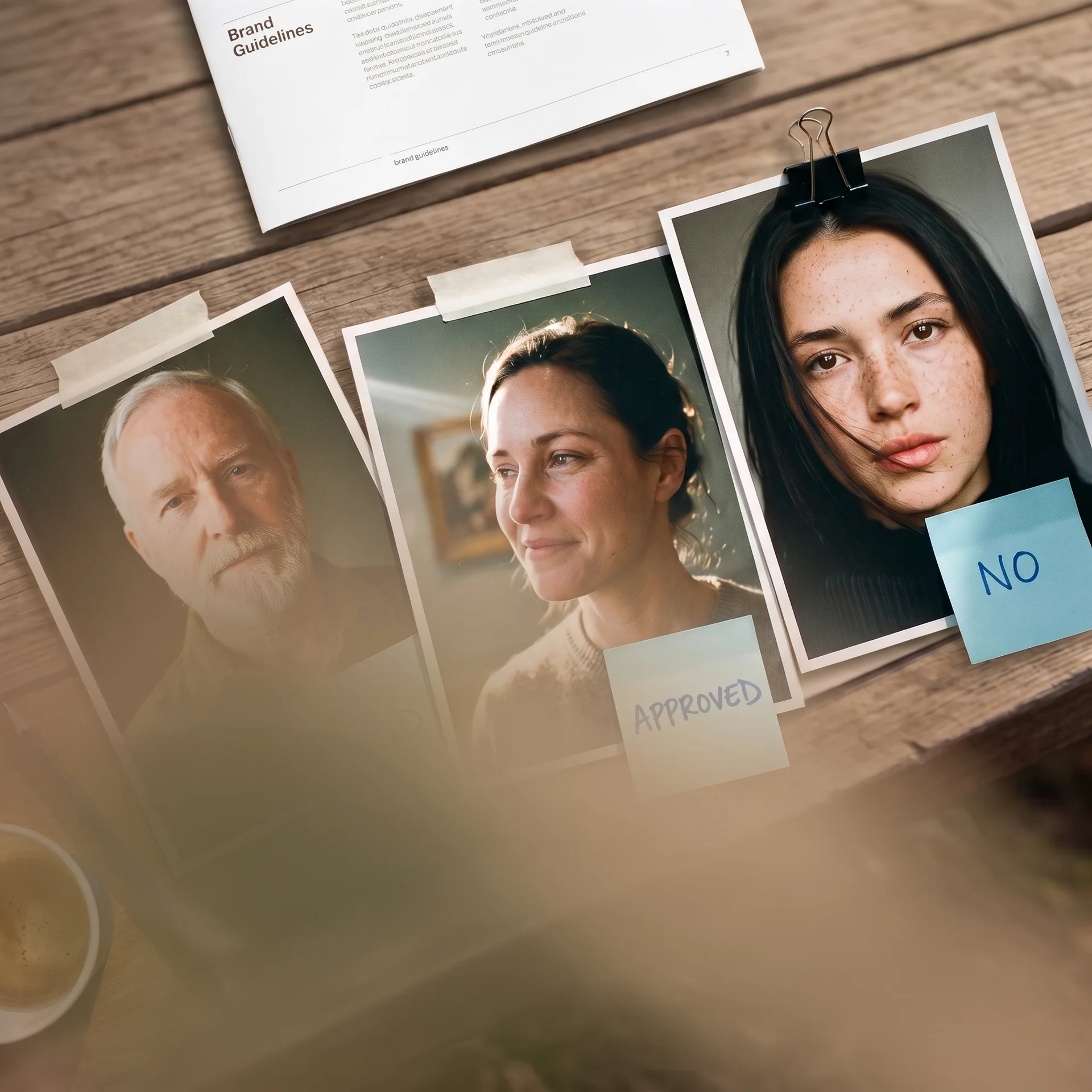 Portrait prints taped to a table, marked approved and no