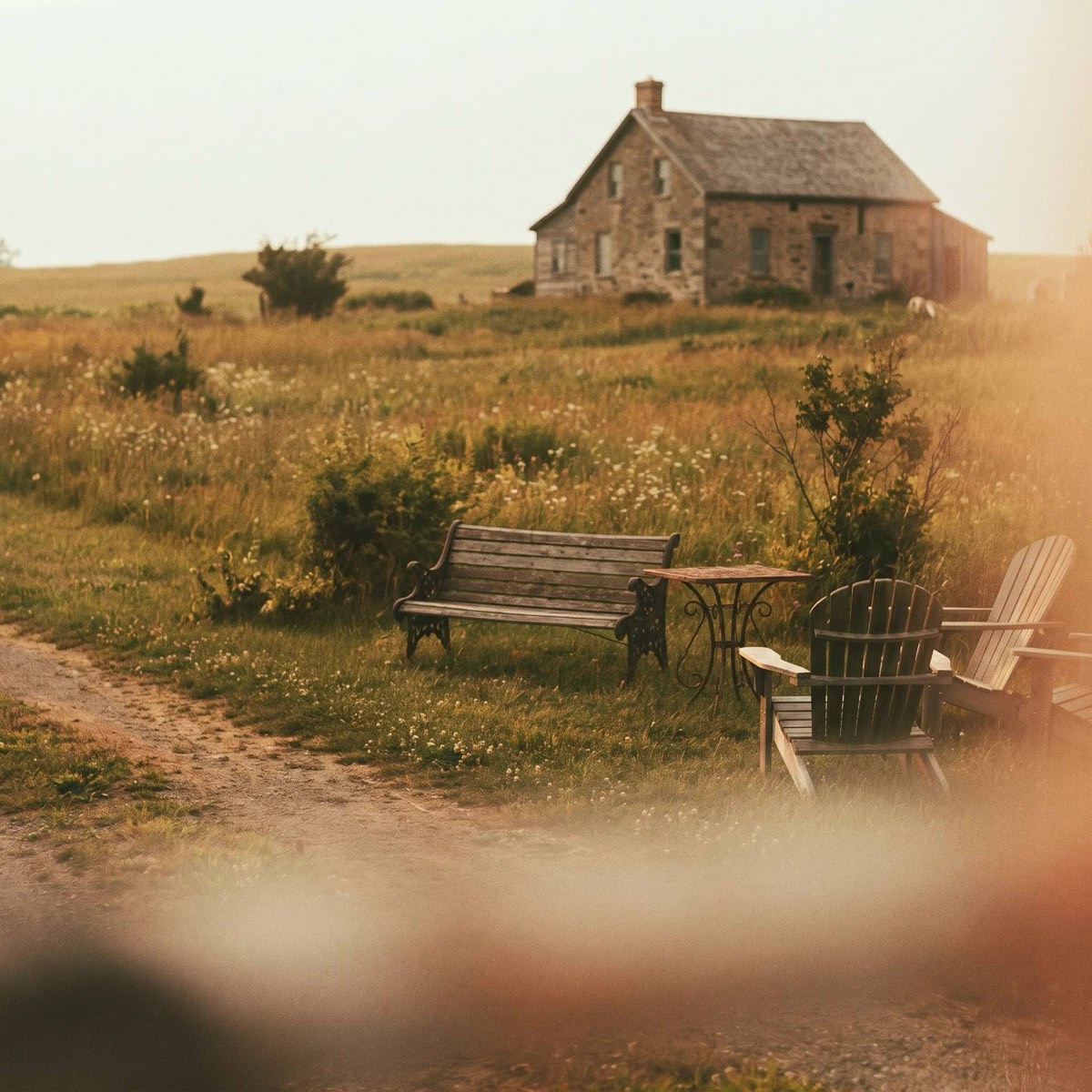 Wooden bench and chairs in a meadow below an old stone house