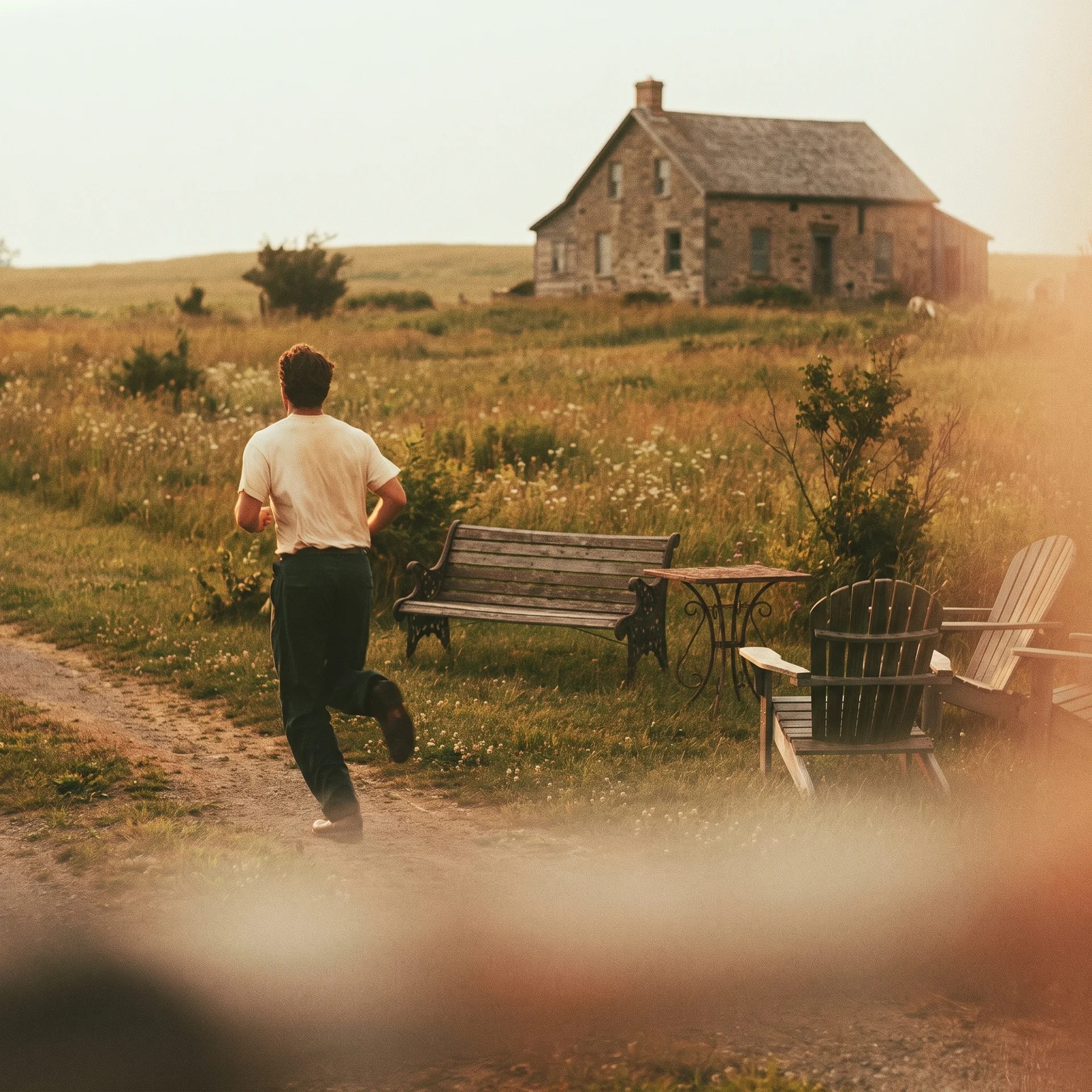 Person running past a stone house in an open field at dusk