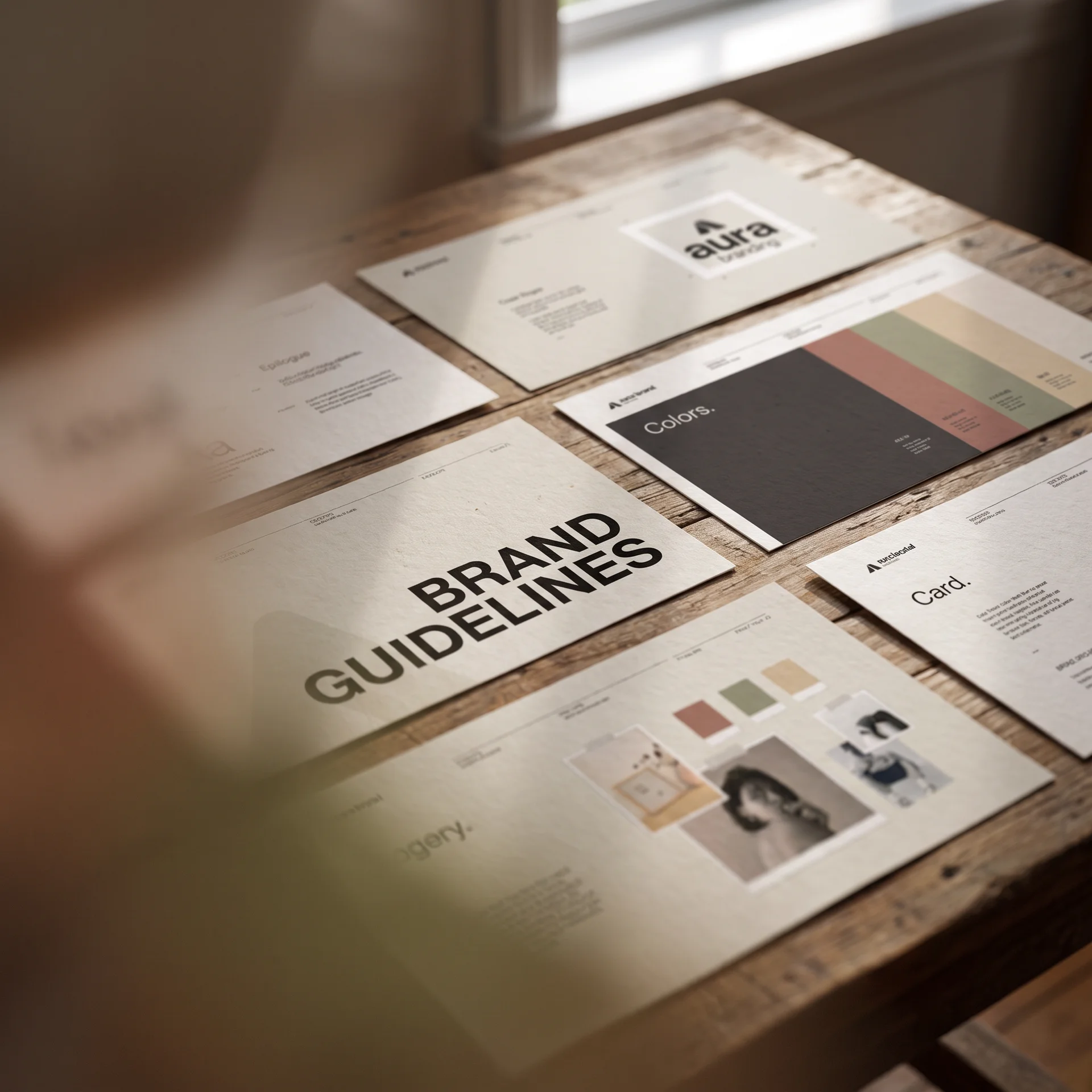Printed brand guideline pages laid out on a wooden table